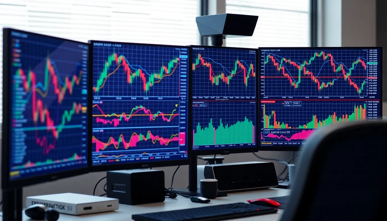 trading charts multiple monitor setup showing candlestick patterns technical indicators professional trader workspace